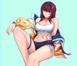 Rule 34 | 1girl, bare shoulders, belt, blue hairband, breasts, choker, cleavage, collarbone, denim, denim shorts, fate/grand order, fate (series), hairband, highres, jacket, large breasts, long hair, long sleeves, looking at viewer, navel, off shoulder, official alternate costume, open clothes, purple hair, red eyes, scathach (event portrait) (fate), scathach (fate), shijie jianfa, shirt, short shorts, shorts, sitting, smile, solo, thighs, very long hair, white shirt, yellow jacket