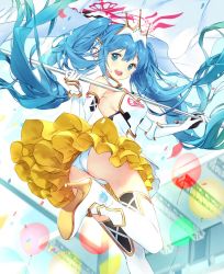 Rule 34 | 1girl, bare shoulders, blue eyes, blue hair, boots, breasts, commentary request, detached sleeves, dress, frilled dress, frills, hair between eyes, hatsune miku, holding, holding weapon, long hair, looking at viewer, macciatto (aciel02), multicolored background, multicolored footwear, open mouth, racing miku, sideboob, smile, solo, vocaloid, weapon