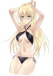 Rule 34 | 1girl, alternate costume, armpits, arms behind head, bikini, black bikini, blonde hair, blush, breasts, closed mouth, collarbone, commentary, cropped legs, earrings, english commentary, girls&#039; frontline, green eyes, hand in own hair, highres, jewelry, long hair, looking at viewer, medium breasts, navel, presenting armpit, solo, standing, stg44 (girls&#039; frontline), suprii, swimsuit, white background