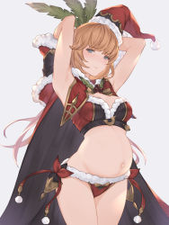 Rule 34 | 1girl, alternate costume, armpits, arms behind head, bikini, blush, breasts, cape, clarisse (granblue fantasy), clarisse (granblue fantasy) (cosplay), cosplay, cowboy shot, fur-trimmed cape, fur-trimmed gloves, fur trim, gloves, granblue fantasy, green eyes, grey background, hat, highres, holly, legs together, long hair, looking at viewer, mature female, medium breasts, navel, orange hair, pregnant, promethea (granblue fantasy), red cape, santa costume, santa hat, stomach, sweatdrop, swimsuit, wuming