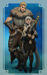 1boy 1girl arm_on_another&#039;s_shoulder arm_tattoo armor artist_name asymmetrical_hair black_pants blonde_hair blue_tattoo boots bracer breastplate brown_gloves brown_pants dungeons_&amp;_dragons facial_scar fingerless_gloves fur_collar gloves green_eyes grin highres holding holding_staff looking_at_another lukas_(vymira) muscular muscular_female pants patreon_username red_panda_waifu revna_(vymira) scar scar_on_cheek scar_on_face sidecut size_difference smile staff standing tattoo trap undercut viking watermark web_address white_hair