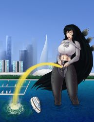 Rule 34 | 1girl, abs, absurdres, belt, black hair, black pants, boat, breasts, building, chaps, closed eyes, fang, genderswap, giant, giantess, godzilla, godzilla (series), highres, huge breasts, long hair, long sleeves, midriff, monster girl, ocean, open fly, open mouth, pants, peeing, peeing through fly, personification, pussy, shirt, spikes, standing, steam, uncensored, very long hair, water, watercraft, white shirt