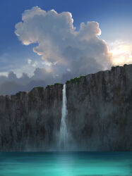 absurdres blue_sky cliff cloud cloudy_sky commentary_request cumulonimbus_cloud day highres no_humans original outdoors pei_(sumurai) scenery sky sunlight water waterfall