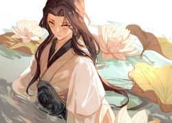 Rule 34 | 1boy, bishounen, black hair, character request, chinese clothes, flower, hair down, hanfu, highres, long hair, long sleeves, looking at viewer, lotus, male focus, parted bangs, partially underwater shot, renzha fanpai zijiu xitong, sakuramochi1003, solo, water, wet, wet clothes