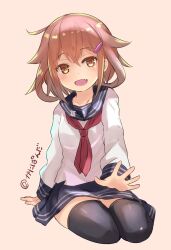 Rule 34 | 1girl, 2016, :d, black thighhighs, blue sailor collar, blue skirt, blush, brown eyes, brown hair, commentary request, crossed bangs, dated commentary, double-parted bangs, eyelashes, fang, full body, hair between eyes, hair ornament, hairclip, happy, highres, ikazuchi (kancolle), kanipanda, kantai collection, lap pillow invitation, long sleeves, looking at viewer, medium hair, miniskirt, neckerchief, one-hour drawing challenge, open mouth, pink background, red neckerchief, sailor collar, school uniform, serafuku, shirt, simple background, sitting, skirt, smile, solo, thighhighs, twitter username, white shirt, yokozuwari, zettai ryouiki