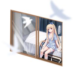Rule 34 | 1girl, allenes, azur lane, bandaged arm, bandaged leg, bandages, bandaid, bandaid on knee, bandaid on leg, bed, bird, blonde hair, blue eyes, blurry, breasts, collarbone, curtains, depth of field, hair ribbon, hand on own thigh, highres, hospital bed, icarus (azur lane), icarus (one-week medical experience?) (azur lane), intravenous drip, kneehighs, long hair, looking at viewer, no bra, official alternate costume, official art, ponytail, ribbon, shirt, short sleeves, sitting, small breasts, smile, socks, solo, striped clothes, striped shirt, thighs, transparent background, very long hair, white socks, window