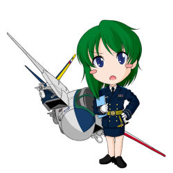 Rule 34 | 1girl, aircraft, airplane, alternate costume, alternate hairstyle, blue eyes, blush stickers, chibi, contemporary, f-14, female focus, fighter jet, file, green hair, hand on own hip, hip focus, jet, military, military uniform, military vehicle, missile, necktie, no headwear, no nose, notebook, open mouth, sakurato tsuguhi, shiki eiki, short hair, simple background, solo, touhou, uniform