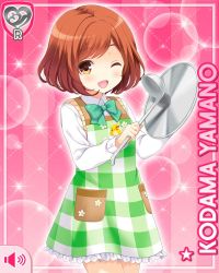 Rule 34 | 1girl, apron, bow, brown eyes, brown hair, card, girlfriend (kari), green bow, green skirt, holding, ladle, lid, official art, one eye closed, open mouth, pink background, plaid, plaid skirt, pocket, qp:flapper, shirt, skirt, smile, solo, tagme, white shirt, yamano kodama