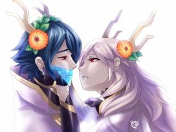 Rule 34 | 1boy, 1girl, blue hair, blush, cape, commentary, elbow gloves, english commentary, fake horns, fire emblem, fire emblem heroes, flower, gloves, gold trim, hair flower, hair ornament, hakuramen, hand on another&#039;s cheek, hand on another&#039;s face, horns, imminent kiss, lace veil, leaf hair ornament, lif (fire emblem), long hair, looking at another, nintendo, official alternate costume, open mouth, red eyes, see-through, short hair, signature, simple background, skull, tareme, thrasir (fire emblem), upper body, veil removed, watermark, white background, white cape, white hair