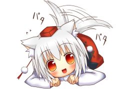 Rule 34 | 1girl, animal ears, bare shoulders, blush, detached sleeves, happy, hat, hestia (neko itachi), inubashiri momiji, looking at viewer, open mouth, orange eyes, pom pom (clothes), shirt, short hair, silver hair, skirt, smile, solo, tail, tail wagging, tokin hat, touhou, wolf ears, wolf tail