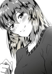 Rule 34 | 10s, 1girl, blush, casual, closed mouth, commentary request, girls und panzer, happy, head tilt, itsumi erika, kanau, long hair, looking at viewer, shirt, smile, solo, upper body, v-neck, wavy mouth