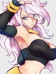 Rule 34 | 1girl, android 21, armpits, black tube top, blue eyes, bracelet, breasts, choker, cleavage, closed mouth, detached sleeves, dragon ball, dragon ball fighterz, grey background, hair between eyes, jewelry, kemachiku, large breasts, long hair, looking at viewer, majin android 21, midriff, navel, pink hair, simple background, solo, strapless, tube top, tube top, yellow choker