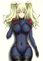Rule 34 | &gt;:(, 1girl, black bodysuit, black gloves, black thighhighs, blonde hair, blush, bodysuit, breasts, closed mouth, code geass, code geass: boukoku no akito, covered navel, cowboy shot, frown, gloves, highres, konishiki (52siki), large breasts, leila malcal, long hair, pilot suit, purple eyes, short hair, skin tight, solo, thighhighs, twintails, v-shaped eyebrows