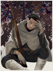 Rule 34 | 1boy, arisaka, belt, belt pouch, black eyes, black hair, black jacket, black pants, bolt action, border, branch, brown belt, cloak, commentary request, dated, elbow on knee, empty eyes, facial hair, facial scar, feet out of frame, fucodoku, gloves, goatee stubble, golden kamuy, gun, hair slicked back, half-closed eyes, hand on own head, hood, hood down, hooded cloak, imperial japanese army, jacket, knee up, leaf, leg wrap, light smile, looking down, loose hair strand, male focus, military uniform, ogata hyakunosuke, outline, pants, pouch, red outline, rifle, scar, scar on cheek, scar on face, short hair, sitting, skeleton, solo, stubble, symbolism, twitter username, undercut, uniform, very short hair, weapon, white border, white cloak, white gloves
