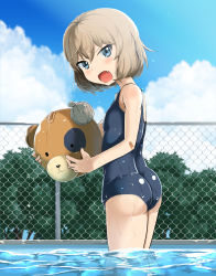Rule 34 | 10s, 1girl, ass, ball, beachball, blonde hair, blue eyes, blue one-piece swimsuit, boko (girls und panzer), chain-link fence, fang, fence, girls und panzer, highres, katyusha (girls und panzer), looking at viewer, one-piece swimsuit, open mouth, reflection, rorimo, school swimsuit, short hair, standing, swimsuit, tree, water, wet