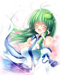 Rule 34 | 1girl, bare shoulders, blush, breasts, detached sleeves, closed eyes, frog hair ornament, green hair, hair ornament, hand on own chest, highres, kochiya sanae, large breasts, long hair, long sleeves, navel, open mouth, osashin (osada), petals, shirt, smile, snake hair ornament, solo, touhou, upper body, very long hair, wide sleeves, wind