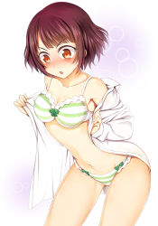 Rule 34 | 10s, 1girl, bad id, bad pixiv id, blush, body switch, bra, breasts, brown hair, chestnut mouth, cleavage, green bra, green panties, itou miyabi, medium breasts, navel, open clothes, open mouth, open shirt, p book, panties, personality switch, red eyes, shirt, short hair, solo, striped bra, striped clothes, striped panties, underwear, yamada-kun to 7-nin no majo