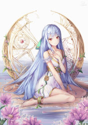 Rule 34 | 1girl, armband, artist name, barefoot, blue hair, closed mouth, commentary, dress, flower, full body, green ribbon, hair ribbon, hand on own chest, highres, la campanella, long hair, looking at viewer, no shoes, original, red eyes, ribbon, sitting, solo, very long hair, white dress