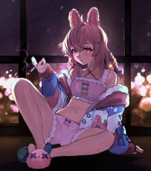 Rule 34 | 1girl, absurdres, animal ears, blue bow, blue footwear, bow, braid, cigarette, double-parted bangs, full body, hair between eyes, hair ornament, hairclip, highres, holding, holding cigarette, jacket, kumaartsu, long hair, looking at viewer, midriff, navel, off shoulder, parted lips, phase connect, pink eyes, pink footwear, pink hair, pink shorts, pink top, pipkin pippa, rabbit ears, red bow, shorts, sidelocks, sitting, slippers, spread legs, twin braids, virtual youtuber, window, yellow bow