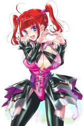 Rule 34 | 1girl, absurdres, breasts, character name, cleavage, clenched hand, detached sleeves, hair tubes, heart, heart hands, highres, idol, kouno sachiko, koutari maiko, large breasts, looking at viewer, official art, open mouth, purple eyes, red hair, sidelocks, simple background, skin tight, smile, solo, super robot wars, super robot wars dd, transparent background, twintails, white background