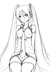 Rule 34 | 1girl, breasts, greyscale, hatsune miku, headset, long hair, monochrome, necktie, nipples, open clothes, open shirt, panties, shirt, solo, thighhighs, twintails, underwear, very long hair, vocaloid, yoshino gaya