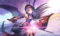 Rule 34 | 1girl, ahoge, armor, bare shoulders, breastplate, commentary request, cowboy shot, detached sleeves, fingerless gloves, floating hair, flying, full body, gloves, glowing, hairband, highres, holding, holding sword, holding weapon, long hair, looking at viewer, nakamura eight, outdoors, pointy ears, purple armor, purple hair, red eyes, smile, solo, sword, sword art online, thighhighs, thighs, very long hair, weapon, wings, yuuki (sao)