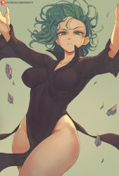 Rule 34 | 1girl, alternate breast size, black dress, breasts, covered navel, curly hair, dress, floating, floating rock, frown, green background, green eyes, green hair, highres, impossible clothes, impossible dress, levitation, looking at viewer, medium breasts, no panties, one-punch man, outstretched arms, shexyo, short hair, side slit, solo, tatsumaki, telekinesis, thighs, wide hips