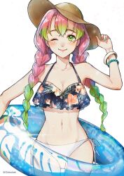 1girl absurdres artist_name bare_shoulders bikini blue_nails bracelet breasts cleavage closed_mouth collarbone earrings female_focus fingernails green_eyes green_hair hat highres hoop_earrings jewelry kanroji_mitsuri kimetsu_no_yaiba large_breasts looking_at_viewer matching_hair/eyes mole mole_under_each_eye mole_under_eye multicolored_hair multiple_moles navel one_eye_closed pink_hair piroshiki123 smile solo straw_hat swim_ring swimsuit twintails two-tone_hair white_background wink