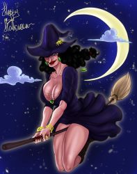 Rule 34 | 1girl, black hair, bracelet, breasts, broom, catarina devon, cleavage, earrings, female focus, halloween, hat, highres, jewelry, large breasts, lipstick, makeup, moon, one piece, witch, witch hat
