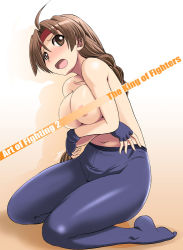 Rule 34 | 1girl, blush, braid, breast hold, breasts, brown eyes, brown hair, censored, copyright name, english text, fingerless gloves, gloves, headband, large breasts, leotard, long hair, navel, nipples, open mouth, ryuuko no ken, shadow, single braid, sitting, snk, solo, spandex, text focus, the king of fighters, tonpuu, topless, yuri sakazaki