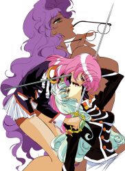 Rule 34 | 1990s (style), 3girls, chigusa sanjouin, curly hair, dark-skinned female, dark skin, highres, himemiya anthy, holding, holding removed eyewear, holding sword, holding weapon, long hair, multiple girls, multiple swords, official art, pink hair, purple hair, retro artstyle, shoujo kakumei utena, shoujo kakumei utena itsuka kakumeisareru monogatari, simple background, sword, sword of dios, tenjou utena, unworn eyewear, weapon, white background, yuri