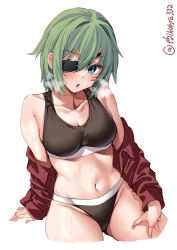 Rule 34 | 1girl, bare shoulders, black sports bra, blue eyes, breasts, cleavage, ebifurya, eyepatch, green hair, hair between eyes, highres, jacket, kantai collection, kiso (kancolle), long sleeves, looking at viewer, medium breasts, midriff, navel, one-hour drawing challenge, open clothes, open jacket, red jacket, short hair, simple background, solo, sports bra, twitter username, white background