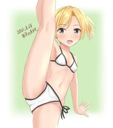 Rule 34 | 1girl, ame-san, bikini, blonde hair, breasts, commentary request, cowboy shot, dated, green eyes, highres, kantai collection, looking at viewer, maikaze (kancolle), one-hour drawing challenge, parted bangs, ponytail, short hair, side-tie bikini bottom, small breasts, solo, split, standing, standing on one leg, standing split, swimsuit, twitter username, white bikini