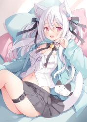 1girl animal_ears bell black_ribbon breasts cat_ears cat_girl cat_tail cleavage grey_skirt hair_ornament hair_ribbon hoshino_koucha jacket jingle_bell large_breasts midriff navel neck_ribbon open_clothes open_jacket open_mouth original pillow red_eyes ribbon shirt sitting skirt smile tail thigh_strap thighs white_hair white_shirt