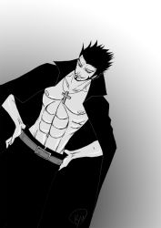 Rule 34 | 1boy, abs, dracule mihawk, gradient background, hands on own hips, male focus, monochrome, one piece, open clothes, open shirt, shirt, solo, standing