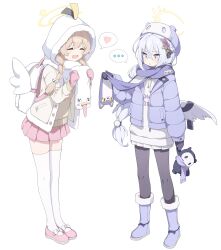 Rule 34 | ..., 2girls, absurdres, angel wings, azusa (blue archive), backpack, bag, black mittens, black pantyhose, blue archive, blush, boots, closed eyes, feathered wings, full body, halo, hat, heart, hifumi (blue archive), highres, hood, hood up, hoodie, jacket, light brown hair, long hair, long sleeves, mittens, multiple girls, open clothes, open jacket, open mouth, pantyhose, peroro (blue archive), pink eyes, pink footwear, pink mittens, purple footwear, purple headwear, purple jacket, shoes, simple background, smile, spoken ellipsis, spoken heart, thighhighs, white background, white hair, white hoodie, white thighhighs, white wings, wings, yellow halo, yellow jacket, yozisang
