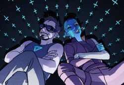 Rule 34 | 1boy, 1girl, arc reactor, avengers: endgame, avengers (series), bare shoulders, belt, black eyes, black hair, black tank top, blue skin, closed eyes, colored skin, commentary, crossed arms, crossed legs, facial hair, feet out of frame, fingernails, goggles, grey pants, hallpen, jacket, long sleeves, looking at viewer, lying, marvel, marvel cinematic universe, nebula (gotg), on back, open clothes, open jacket, pants, prosthesis, prosthetic arm, purple-tinted eyewear, purple belt, purple jacket, purple pants, purple shirt, shadow, shirt, short hair, spread legs, symbol-only commentary, tank top, teeth, tinted eyewear, tony stark