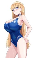 Rule 34 | 1girl, bare shoulders, blonde hair, blue eyes, blue one-piece swimsuit, blush, breasts, cleavage, closed mouth, competition swimsuit, highres, huge breasts, lina (michihasu), long hair, looking at viewer, michihasu, multicolored eyes, one-piece swimsuit, original, purple eyes, simple background, solo, swimsuit, thighs, wet, white background