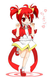 Rule 34 | 1girl, arc the lad, arc the lad ii, child, choko (arc the lad), dress, flat chest, red hair, ribbon, short twintails, skirt, solo, twintails, white background, yellow ribbon
