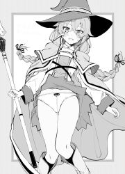 Rule 34 | 1girl, blush, boots, border, braid, cloak, crossed bangs, feet out of frame, female focus, greyscale, hair between eyes, hair ribbon, hako roku, hat, highres, holding, holding staff, long sleeves, looking at viewer, monochrome, mushoku tensei, panties, parted lips, ribbon, roxy migurdia, solo, staff, standing, sweat, twin braids, underwear, upskirt, witch hat