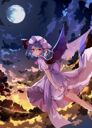 Rule 34 | 1girl, ascot, bat wings, blue bow, bow, closed mouth, cloud, dress, full moon, gradient sky, hair bow, hair ribbon, hat, looking at viewer, mob cap, moon, night, outdoors, petticoat, pink dress, pink hat, pointy ears, red ascot, red eyes, red ribbon, remilia scarlet, ribbon, sakizaki saki-p, short sleeves, sky, solo, touhou, wings