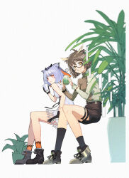 Rule 34 | 2girls, :/, adapted costume, arknights, black footwear, black shorts, black socks, blush, brown hair, brown shirt, chinese commentary, closed mouth, commentary request, cup, dress, feather hair, full body, glasses, green shirt, grey footwear, holding, holding cup, kumo ryuun, long sleeves, looking at viewer, mug, multiple girls, orange eyes, orange socks, plant, potted plant, ptilopsis (arknights), semi-rimless eyewear, shirt, shoes, short hair, shorts, silence (arknights), simple background, sitting, squeans, sleeveless, sleeveless dress, socks, two-tone shirt, white background, white dress, white hair, yellow eyes
