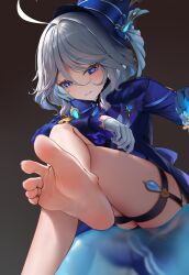 Rule 34 | 1girl, absurdres, ahoge, ascot, barefoot, black shorts, blue ascot, blue eyes, blue hair, blue headwear, blue jacket, blush, cowlick, crossed legs, drop-shaped pupils, feet, female focus, foot focus, foot out of frame, from below, furina (genshin impact), genshin impact, gloves, heterochromia, highres, jacket, long hair, long sleeves, looking at viewer, mismatched pupils, short shorts, shorts, sitting, slime (creature), slime (genshin impact), soles, solo, sprygon, symbol-shaped pupils, thigh strap, toes, white gloves, white hair