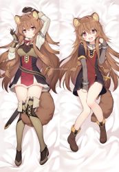 Rule 34 | 1girl, :d, aged down, animal ear fluff, animal ears, arm up, bed sheet, between legs, boots, breasts, brown footwear, brown gloves, brown hair, byulzzi, child, collar, dakimakura (medium), dress, full body, gloves, hair ornament, hand up, highres, long hair, long sleeves, looking at viewer, lying, medium breasts, multiple views, on back, open mouth, raccoon ears, raccoon girl, raccoon tail, raphtalia, red eyes, red neckwear, sheath, slave, smile, strap, tail, tail between legs, tate no yuusha no nariagari, thigh boots, thighhighs, thighs, very long hair, watermark, zettai ryouiki