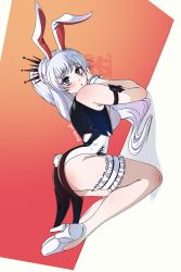 Rule 34 | 1girl, all fours, blue eyes, bridal garter, hair ornament, high heels, highres, kasan art, leotard, long hair, looking at viewer, orange background, playboy bunny, ponytail, rabbit girl, rabbit tail, rwby, simple background, tagme, weiss schnee, white background, white hair