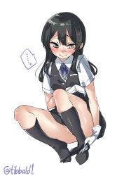 Rule 34 | ..., 10s, 1girl, bad id, bad twitter id, black eyes, black hair, black panties, black skirt, black socks, black vest, blue ribbon, blush, buttons, closed mouth, collared shirt, ebifurya, full body, gloves, highres, inactive account, kantai collection, kneehighs, long hair, looking down, neck ribbon, no shoes, oyashio (kancolle), panties, panty pull, partially visible vulva, pleated skirt, pulled by self, removing panties, ribbon, shirt, short sleeves, sidelocks, simple background, skirt, sleeveless, socks, solo, speech bubble, spoken ellipsis, squatting, sweat, twitter username, underwear, undressing, vest, white background, white gloves, white panties, white shirt