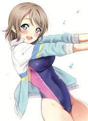Rule 34 | 1girl, :d, absurdres, arms up, blue eyes, blue one-piece swimsuit, blush, breasts, brown hair, competition swimsuit, covered navel, cowboy shot, dutch angle, groin, highres, jacket, looking at viewer, love live!, love live! sunshine!!, medium breasts, one-piece swimsuit, open clothes, open jacket, open mouth, sankuro (agoitei), scan, short hair, simple background, smile, solo, swept bangs, swimsuit, thighs, track jacket, watanabe you, water drop, white background