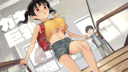Rule 34 | 1boy, 1girl, :o, arms at sides, backpack, bag, black hair, bouncing breasts, breasts, camisole, commentary request, crime prevention buzzer, denim, denim shorts, grey shorts, highres, indoors, kaedeko (kaedelic), large breasts, looking at another, looking down, midriff, navel, no bra, oppai loli, original, randoseru, red eyes, sasaki kanna (kaedeko), short shorts, shorts, signature, stairs, text background, twintails, underboob, yellow camisole