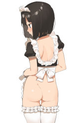 Rule 34 | 10s, 1girl, 2l (2lsize), apron, ass, backless outfit, black eyes, black hair, blush, bob cut, bottomless, choker, closed mouth, cowboy shot, embarrassed, frill trim, frills, from behind, highres, looking to the side, maid, maid apron, maid headdress, no panties, nose blush, original, profile, puffy short sleeves, puffy sleeves, pussy, pussy peek, short hair, short sleeves, simple background, solo, standing, thigh gap, thighhighs, white background, white thighhighs, wrist cuffs