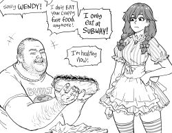 Rule 34 | 1boy, 1girl, absurdres, apron, bb (baalbuddy), dress, english text, fat, fat man, food, greyscale, highres, holding, holding food, jared fogle, monochrome, obese, original, pinstripe pattern, sandwich, short twintails, simple background, skirt, speech bubble, striped clothes, striped dress, twintails, vertical-striped clothes, vertical-striped dress, wendy&#039;s, wendy (wendy&#039;s), white background